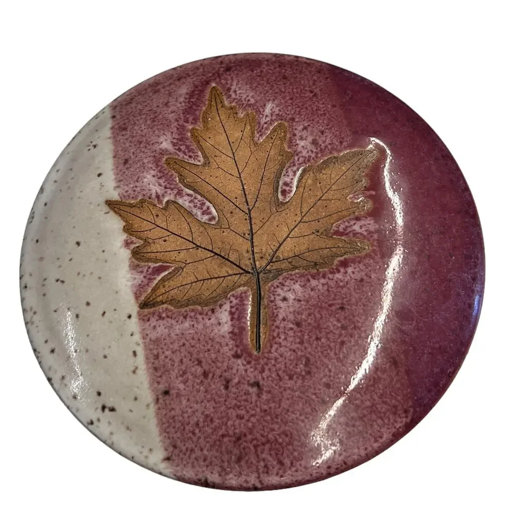 Studio Art Pottery Pink Leaf Soft Butter Bell‎ Keeper Crock Stoneware Signed
